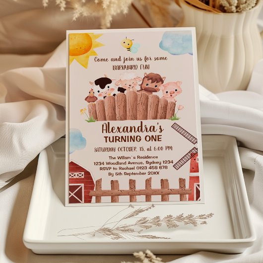かわいい農場の動物たちと一緒に！ バーンヤード 1歳の誕生日パーティーへようこそ 招待状