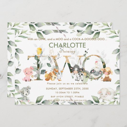 かわいい農場の動物たちと緑の草原 2歳の誕生日 招待状 (正面/裏面)