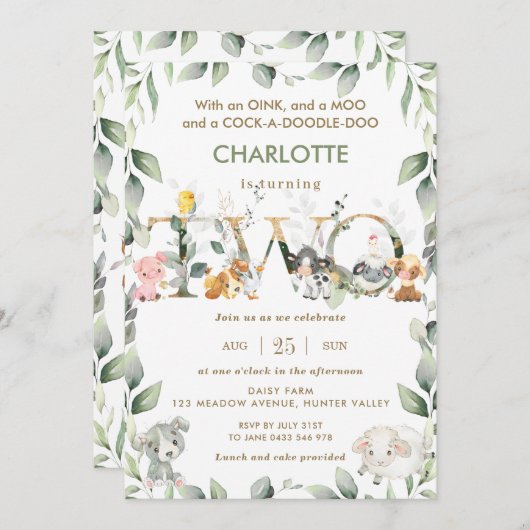 かわいい農場の動物たち 動物園の緑 2歳の誕生日 招待状 (正面/裏面)
