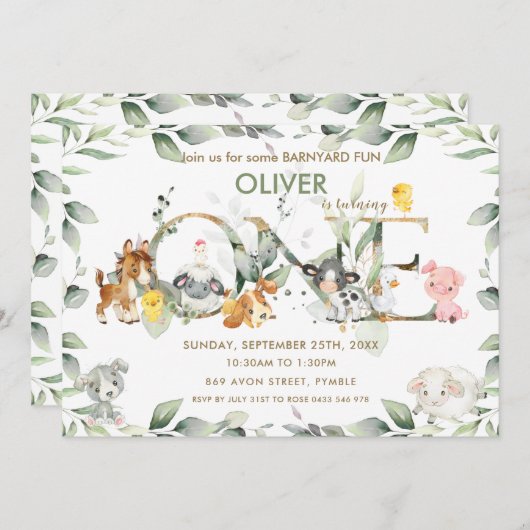 かわいい農場の動物たち 牧場の緑 1歳の誕生日 招待状 (正面/裏面)