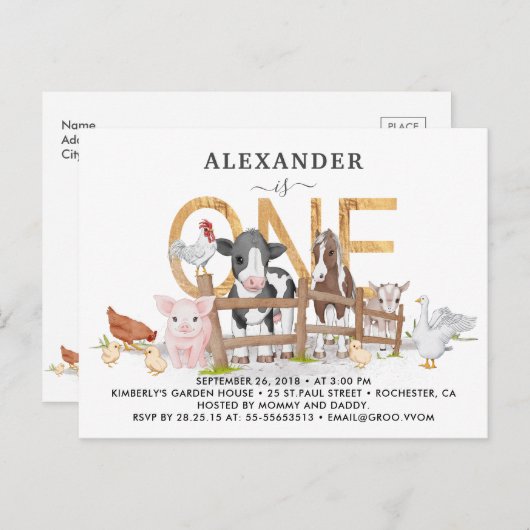 かわいい農場の動物たち 1歳の誕生日招待状ポストカード ポストカード (正面/裏面)