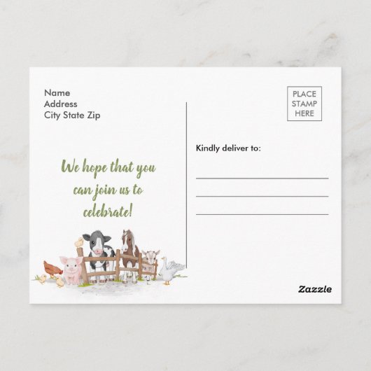 かわいい農場の動物たち 1歳の誕生日招待状ポストカード ポストカード (裏面)