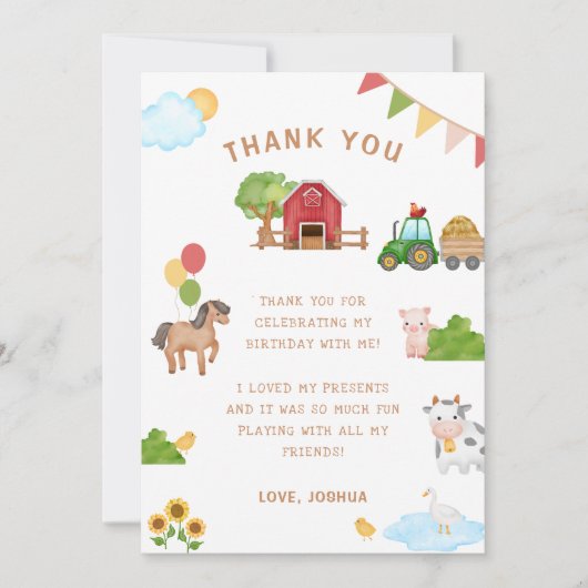 かわいい農場の動物 トラクター バーン 誕生日 ありがとう サンキューカード (正面)