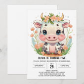 かわいい農場の女の子の牛の誕生日 招待状 (正面/裏面)