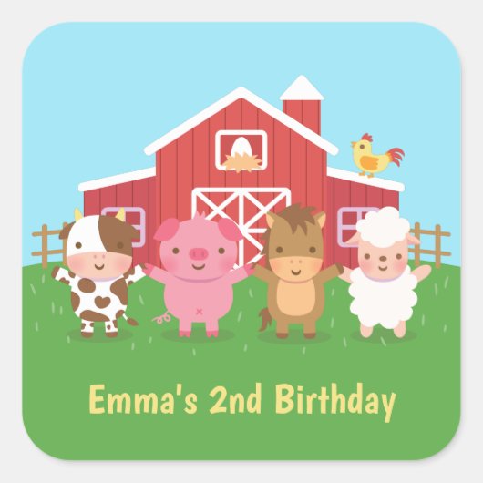 かわいい農場の納屋の動物の子供の誕生日パーティー スクエアシール (正面)