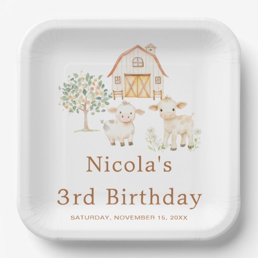 かわいい農場の納屋の牛の誕生日 ペーパープレート (正面)