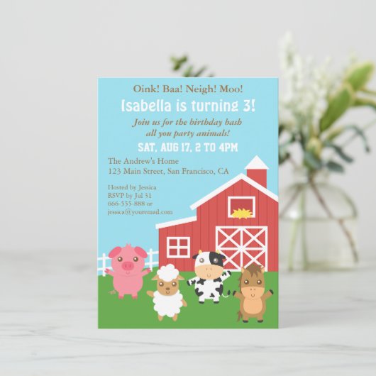 かわいい農場の納屋周囲の庭動物誕生パーティー 招待状 (スタンド正面)