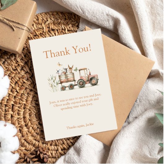 かわいい農場をテーマにした男の子または女の子の誕生日パーティー サンキューカード