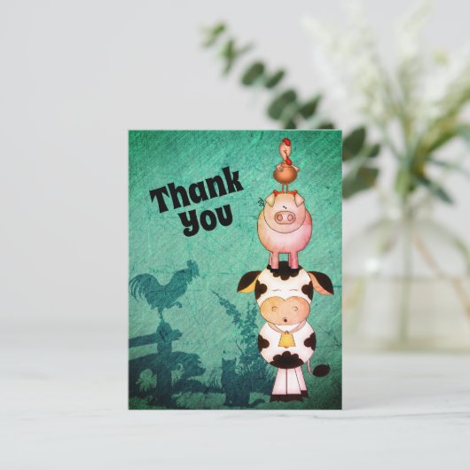 かわいい農場動物の牛、豚とローターありがとう ポストカード (スタンド正面)