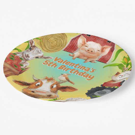 かわいい農場動物カラフルガールボーイ納屋周囲の庭パーティー ペーパープレート (アングル)