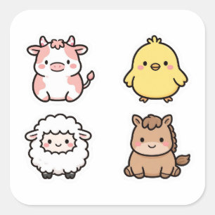 かわいい農場動物ステッカー4枚セット 牛 ヒヨコ 羊 スクエアシール