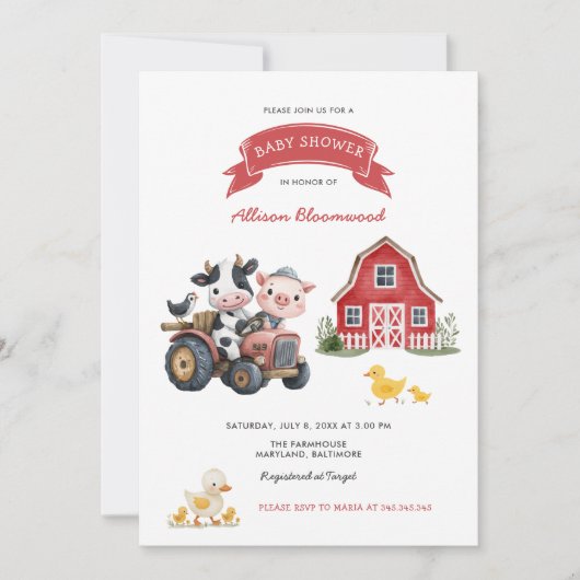 かわいい農場動物ファームハウスベビーシャワー 招待状 (正面)