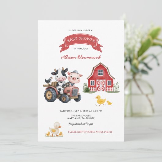 かわいい農場動物ファームハウスベビーシャワー 招待状 (スタンド正面)