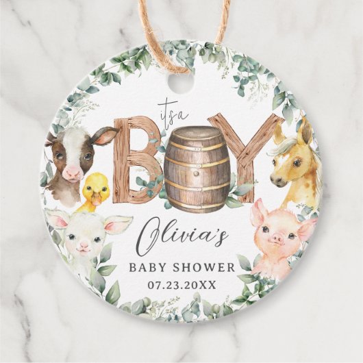 かわいい農場動物緑の男の子納屋ベイビーシャワー フェイバータグ (正面)