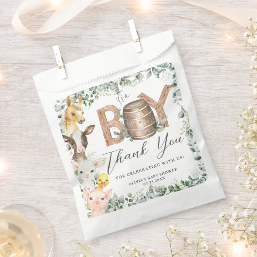 かわいい農場動物緑の男の子納屋ベイビーシャワー フェイバーバッグ (クリップ留めされた状態)