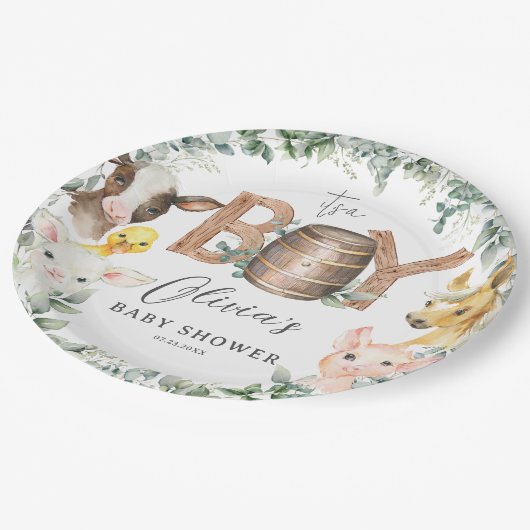 かわいい農場動物緑の男の子納屋ベイビーシャワー ペーパープレート (アングル)