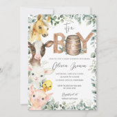 かわいい農場動物緑の男の子納屋ベイビーシャワー 招待状 (正面)