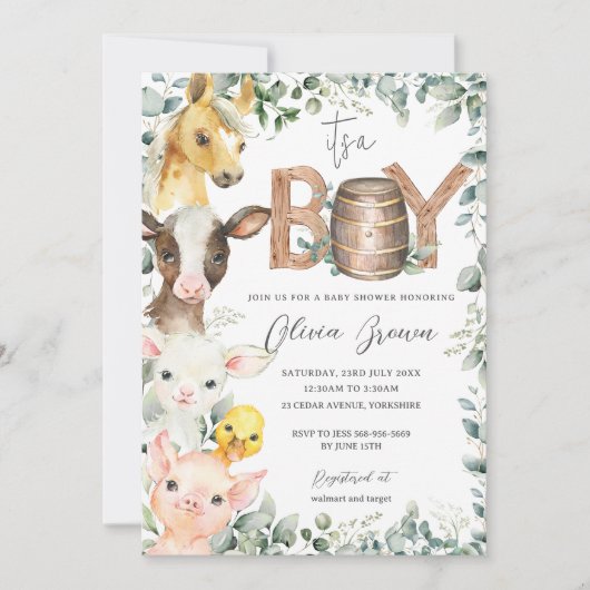 かわいい農場動物緑の男の子納屋ベイビーシャワー 招待状 (正面)