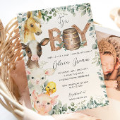 かわいい農場動物緑の男の子納屋ベイビーシャワー 招待状