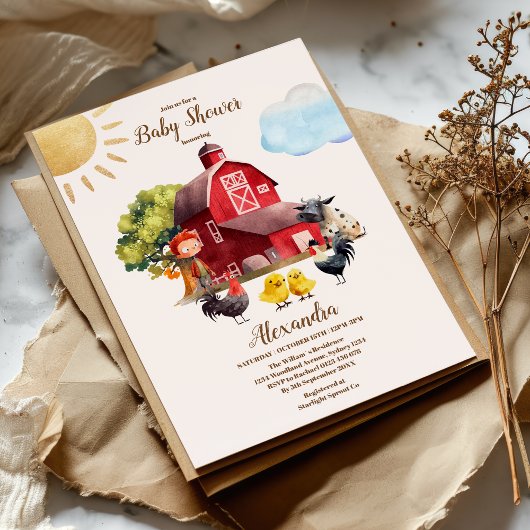 かわいい農場動物緑の男の子納屋ベイビーシャワー 招待状