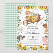 かわいい農家動物たちひまわり緑のベビーシャワー   招待状 (正面/裏面)