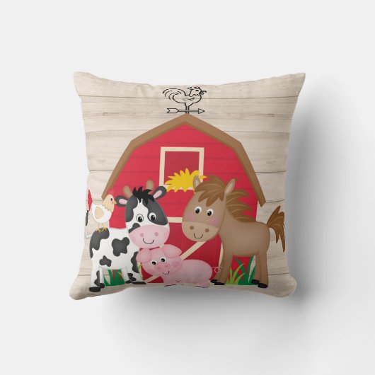 かわいい農家動物の赤い納屋は子供部屋をからかいます クッション (裏面)