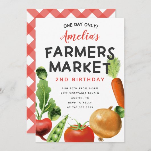 かわいい農家市場野菜バースデーパーティー 招待状 (正面/裏面)