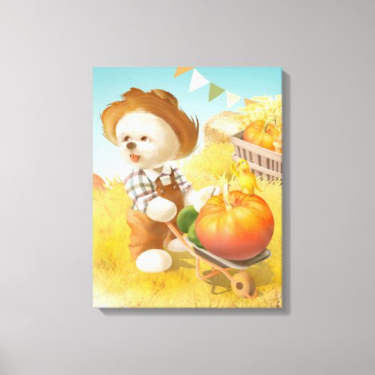 かわいい農家犬カボチャ キャンバスプリント (正面)