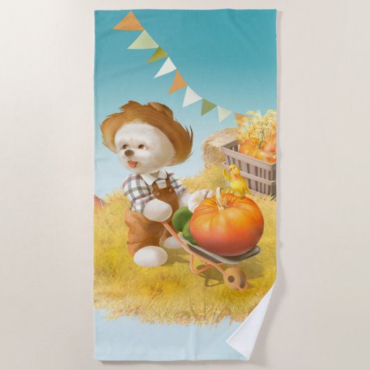 かわいい農家犬カボチャ ビーチタオル (正面)