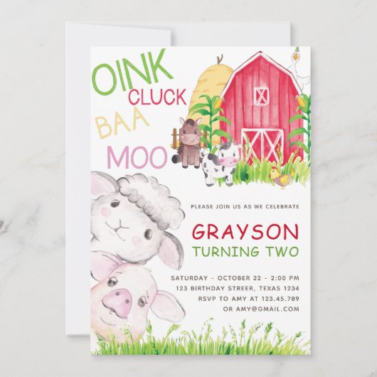 かわいい農業動物の水彩誕生日 招待状 (正面)