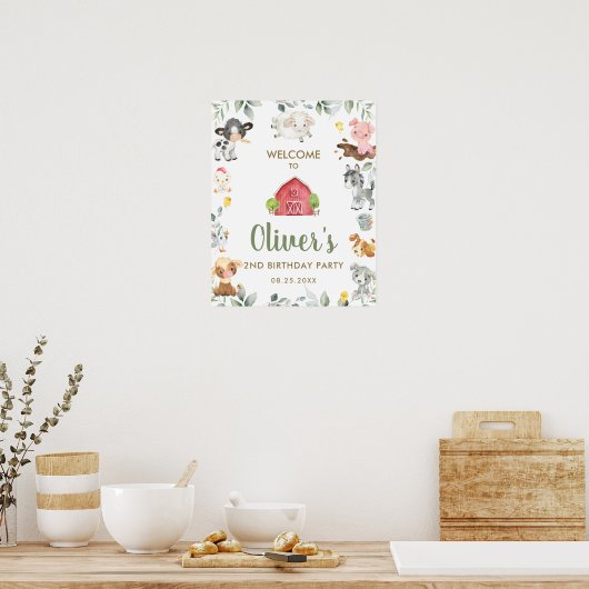 かわいい農業動物の緑の誕生日ウェルカムサイン ポスター (キッチン)