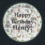 かわいい農業動物トラクター名ハッピーバースデー少年 ペーパープレート<br><div class="desc">可愛い家畜、トラクター、ヤギ、"ハッピーバースデー"タイポグラフィ紙プレートと馬。誕生日の男の子の名前を追加してパーソナライズ。セージ緑のトリム。どんな歳の誕生日パーティーでも可愛い模様。その小さな農家の誕生日パーティーのためにできる限り可愛い。一致する項目が使用可能。</div>