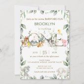 かわいい農業動物納屋周囲の庭の緑の1歳 招待状 (正面)