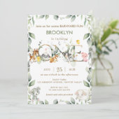 かわいい農業動物納屋周囲の庭の緑の1歳 招待状 (スタンド正面)