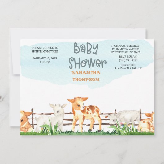 かわいい農畜生たち男の子の赤ちゃんシャワー 招待状 (正面)