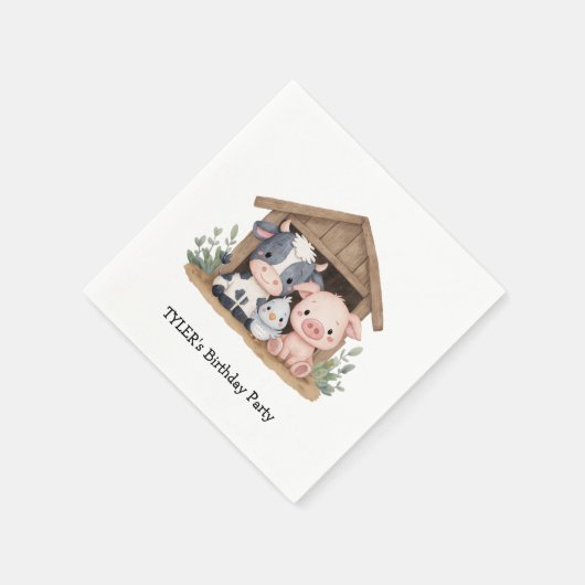 かわいい農畜産豚の牛の誕生日パーティー スタンダードカクテルナプキン (角)
