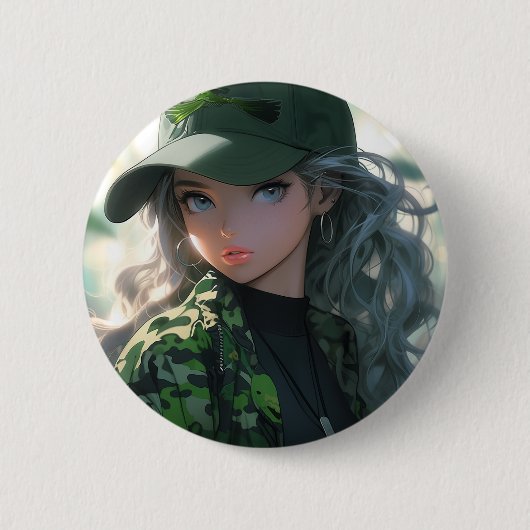 かわいい迷彩ミリタリーハンター ドリルアニメ少女 缶バッジ (正面)