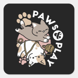 かわいい遊び心あふれる猫のデザイン - 楽しいパウとプレイ アート スクエアシール