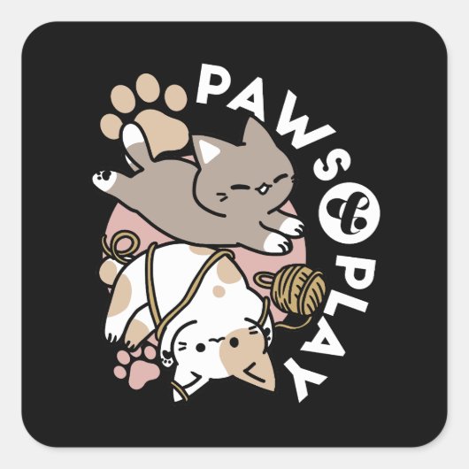 かわいい遊び心あふれる猫のデザイン - 楽しいパウとプレイ アート スクエアシール (正面)