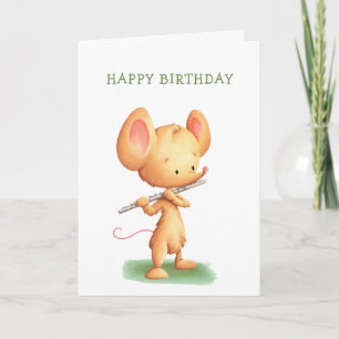かわいい遊ネズミのフルートミュージシャン誕生日 カード