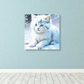 かわいい遊白猫の雪 キャンバスプリント (インサイチュ (ウッドフロア))