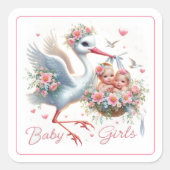 かわいい運コウノトリの双子の赤ちゃん スクエアシール (正面)