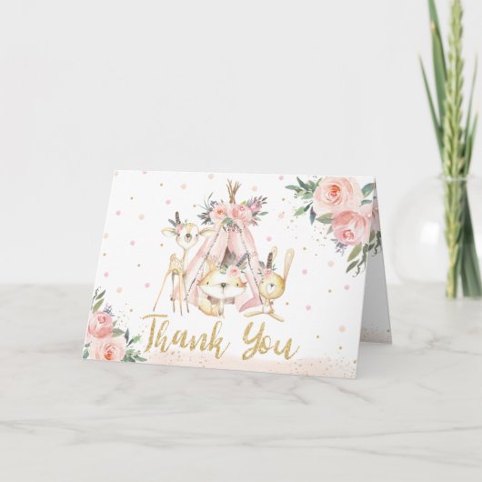 かわいい部族の森の動物誕生日ベビーシャワー サンキューカード (正面)