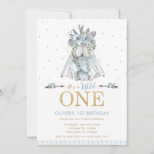 かわいい部族の象の少年が1歳の誕生日を野生に 招待状 (正面)