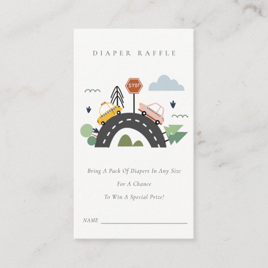 かわいい都市車おむつラッフルベビーシャワー エンクロージャーカード (正面)