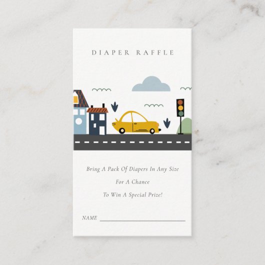 かわいい都市車おむつラッフルベビーシャワー エンクロージャーカード (正面)