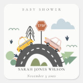 かわいい都市車の道路の街並み赤ちゃんシャワー スクエアシール (正面)