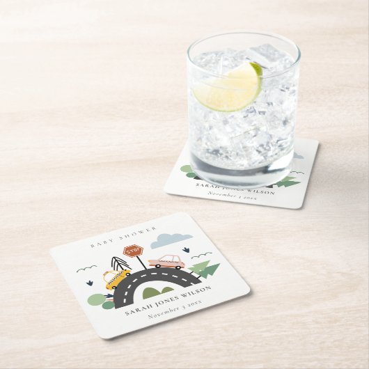 かわいい都市車の道路の街並み赤ちゃんシャワー スクエアペーパーコースター (インサイチュ)