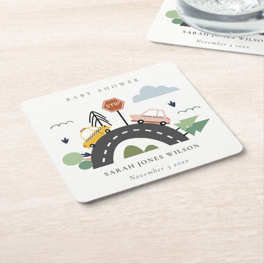 かわいい都市車の道路の街並み赤ちゃんシャワー スクエアペーパーコースター (アングル)