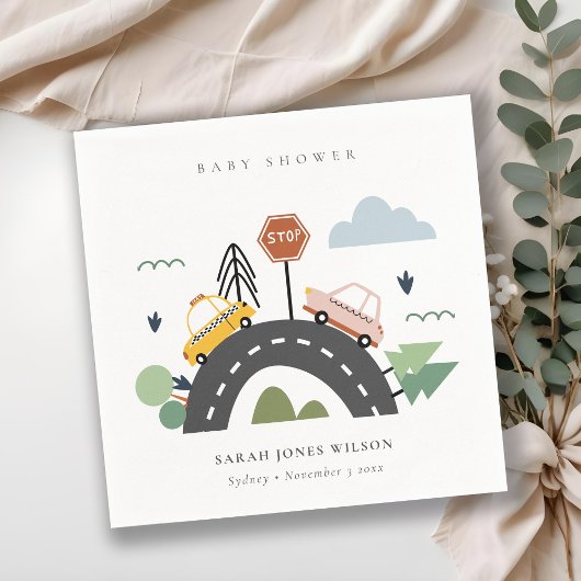 かわいい都市車の道路の街並み赤ちゃんシャワー スタンダードカクテルナプキン